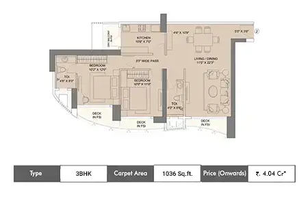 Sunteck City 3 BHK floor plan, 1036 sq ft carpet area